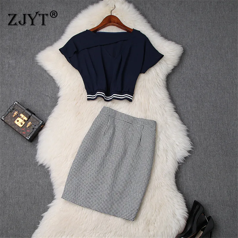 

Fashion Designer Summer Runway 2Piece Skirt Set Women 2019 Elegant OL Outfits Batwing Sleeve Chiffon Top Plaid Pencil Skirt Set