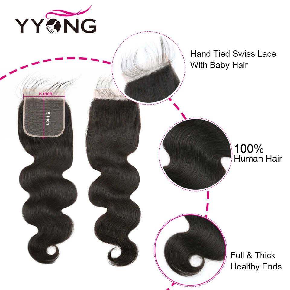 Yyong cabelo 5x5 fechamento do laço onda