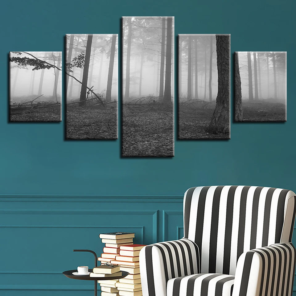 Wall Art Poster Home Decor 5 Pieces Psychedelic Forest Scenery Canvas Print Black And White Painting Modular Pictures Framework