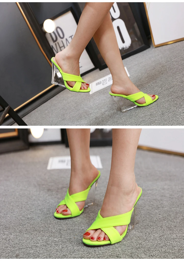 Aneikeh/модные туфли на танкетке; флуоресцентные зеленые модельные туфли на высоком каблуке с открытым носком; Летние шлёпанцы; женские сабо; Цвет Черный; Размеры 35-40