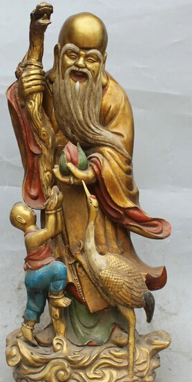 

JP S62 24" Chinese Bronze Gild Painting Stand God Longevity Crane Boy Wealth Statue Discount35%