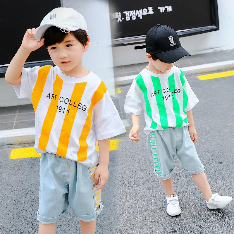 Summer Cotton Baby Boys 2 Piece Sets Children Clothing Sets Kids Striped Sets Denim Shorts + Tee