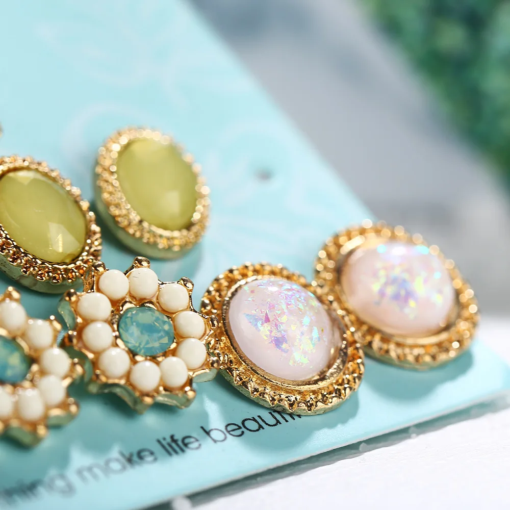 

Pearl Stud Earring Sets For Women Ethnic Earrings Crystal Beads Flower Geometric Female Party Jewelry Gifts