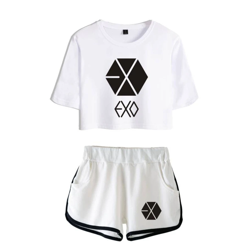 EXO Kpop Bangtan Boys короткий топ Женская футболка летние шорты и женская модная
