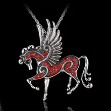 Pink Ruby Emerald Rose Smoky Amber Clear or Crystal Necklace Women Long Jewelry Sweater Necklaces Antique Silver Horse with Wings Pendants Necklaces Fashion