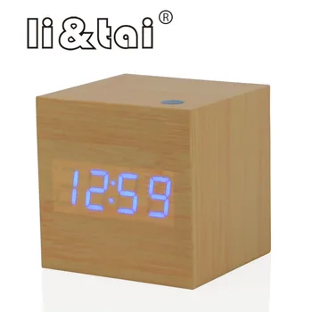 

Sound Control Wooden Square LED Alarm Clock Desktop Table Digital Thermometer Wood USB/AAA Date Display Alarm Clock