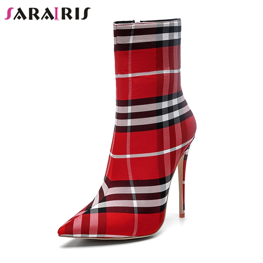 

SARAIRIS 2018 New 12cm High Heel Zip Gingham Pointed Toe Shoes Woman Casual Fashion Autumn Mid Calf Boots Large Size 33-43