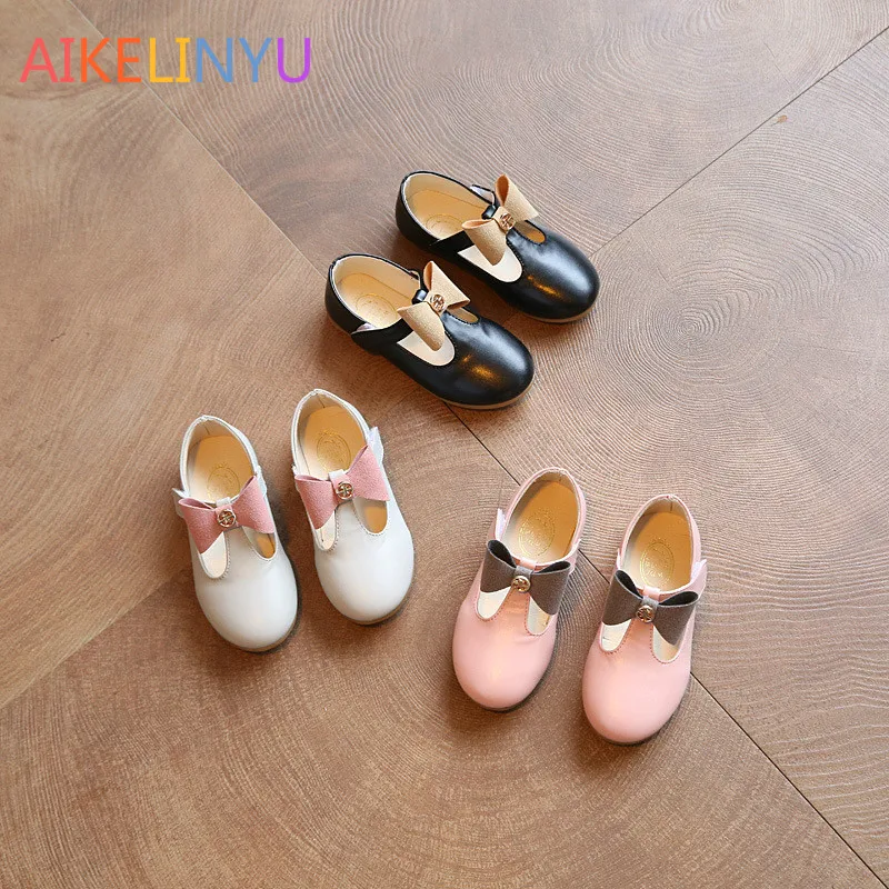 2017Princess leather shoes Girl bowknot T tape Korean pink party shoes