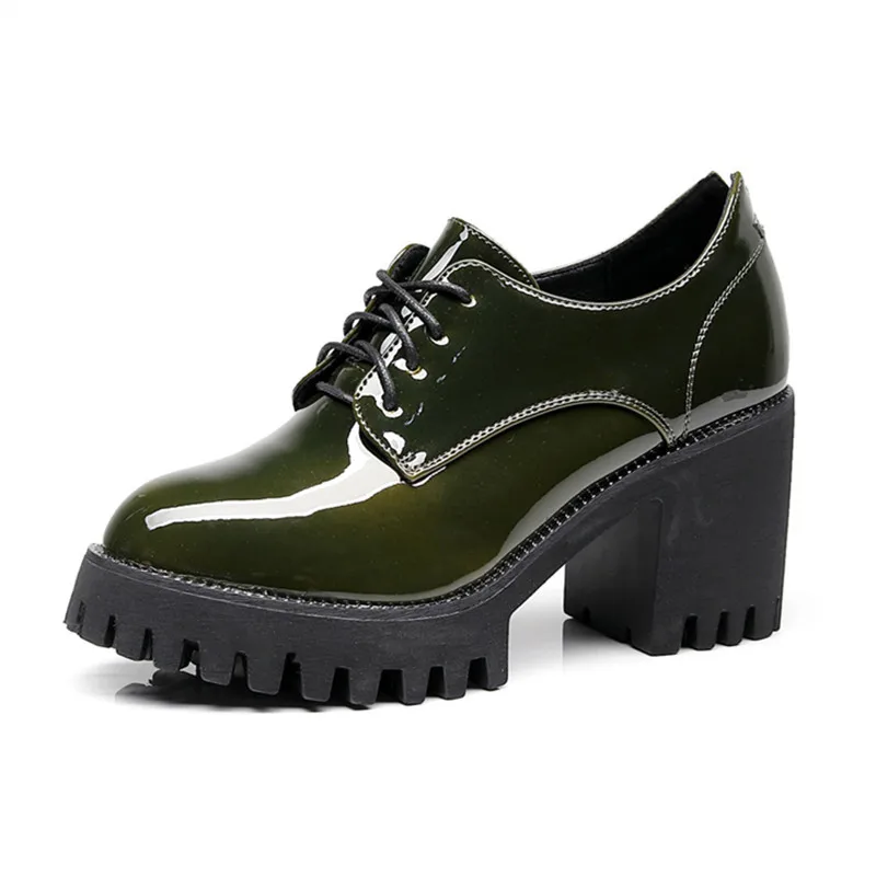 US $18.53 Round Toe Lace Up Women Patent Leather Low Heel Oxford Shoes Woman Vintage Shoes For Ladies Autumn Platform Shoes Thick Heels