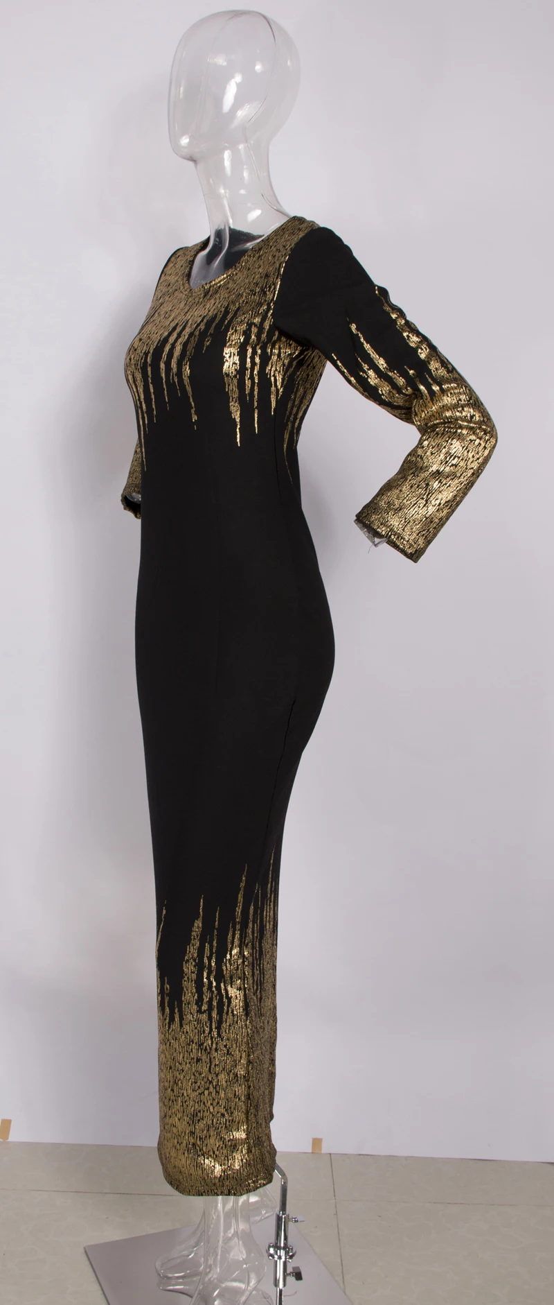 Осеннее Новое Африканское женское горячее хлопковое тонкое платье с длинными рукавами и золотыми пузырьками черное модное приталенное платье с круглым вырезом и длинным рукавом