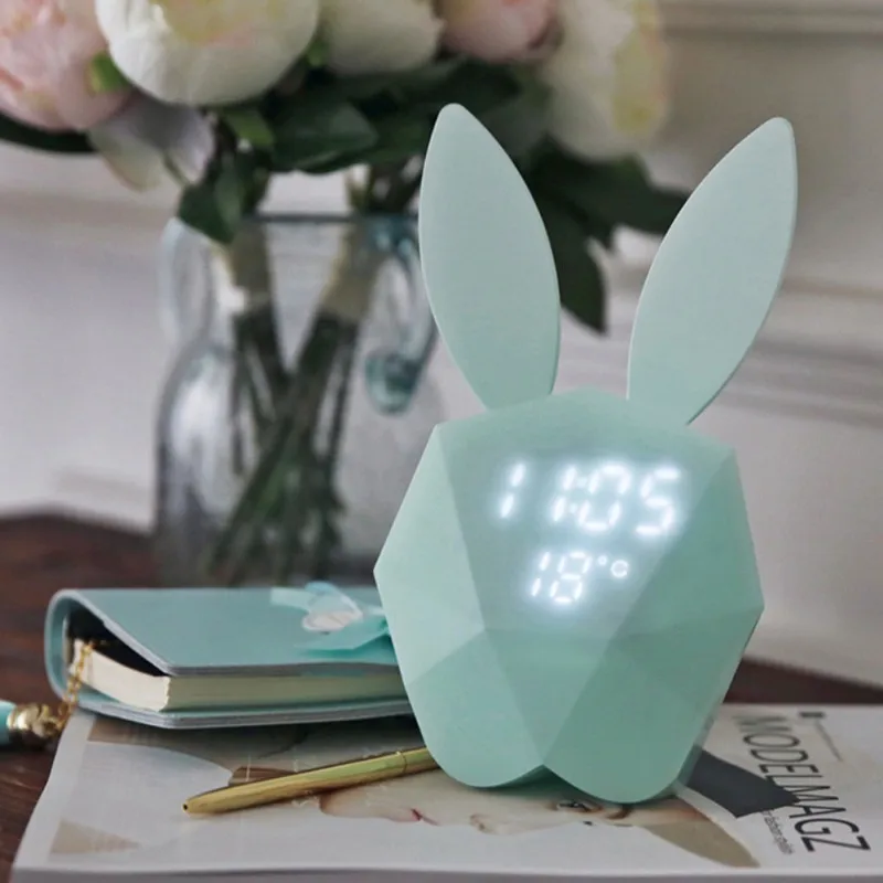 

Cute Rabbit LED Night Light Bunny Digital Alarm Clock Sound Control Rechargeable Clock with Magnet can Hanging in the Wall