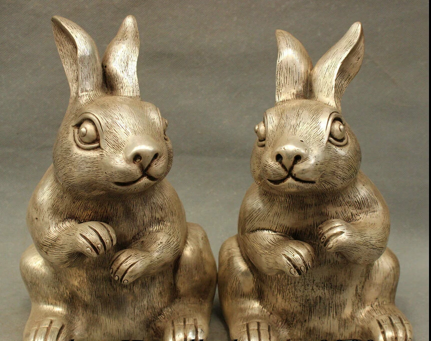 

10" Lucky Chinese Silver Wealth Animals Fu Shou Zodiac Coney Rabbit Statue Pair