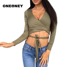 Женская Сексуальная Спортивная рубашка с длинным рукавом Топ Глубокий v-образный вырез бандаж узел Талия Сплит полый тонкий кроп топ Йога Танец Фитнес Топ