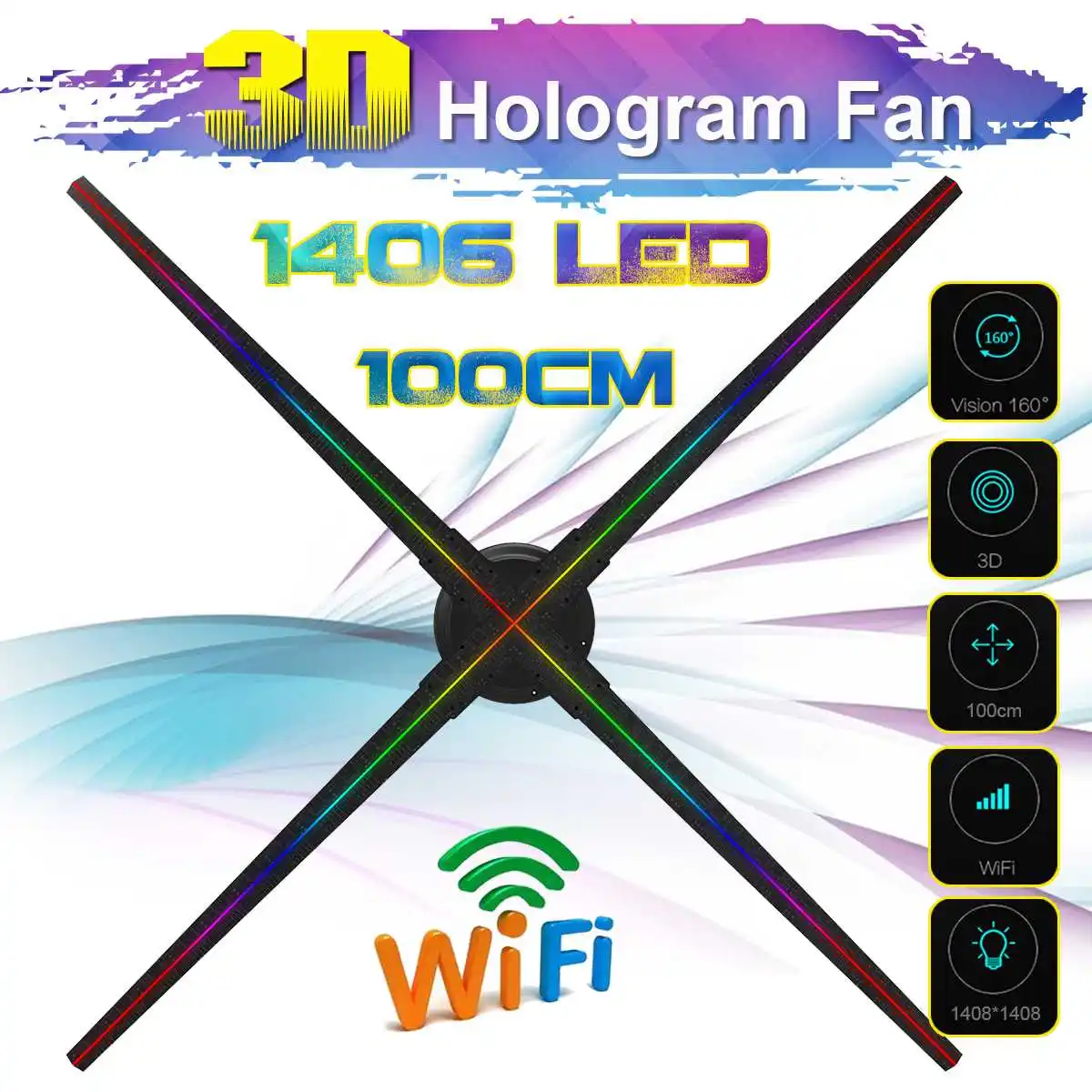 

Upgraded 100CM Wifi 3D Holographic Projector Hologram Player LED Display Fan Advertising Light APP Control With Battery Outdoor