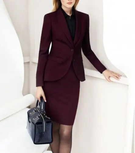 Burgundy women skirt suit business long 