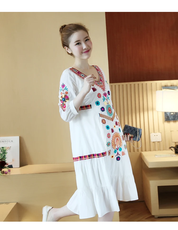 White Embroidery Spring Blue Vintage Lace navy Ruffle Ethnic Linen Cotton Bohemian Boho Hippie White Retro Beach Women Goth Elegant Dress waH0S7q