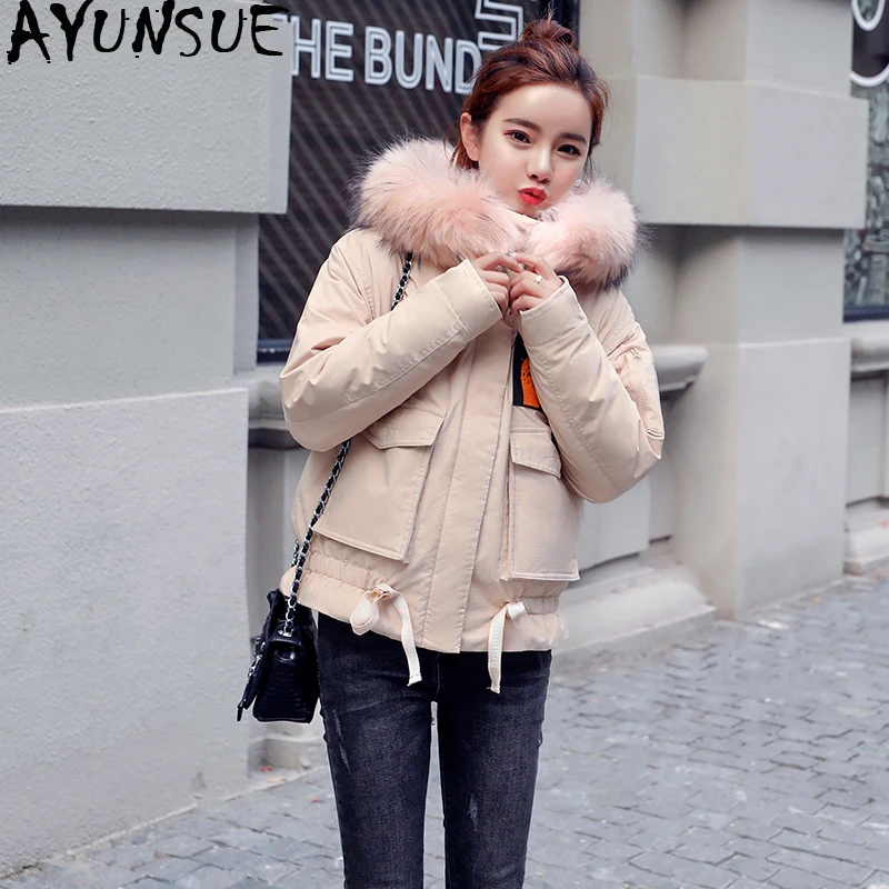 

AYUNSUE Short Down Jacket Woman Hooded Autumn Winter Coat Women Korean Racoon Fur Collar Womens Jackets Abrigos Mujer KJ1005