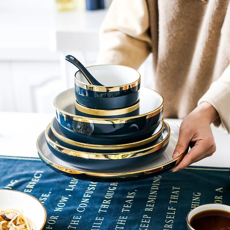 

Blue Ceramic Gold Rim Dinner Plate Royal retro Tableware Set Table Decor Dinner Porcelain dessert Cake Plate Dish Rice Soup Bowl