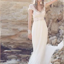 Robe mariage белое шифоновое пляжное богемное свадебное платье с открытой спиной кружевное богемное свадебное платье с v-образным вырезом и бисером Vestido de novia