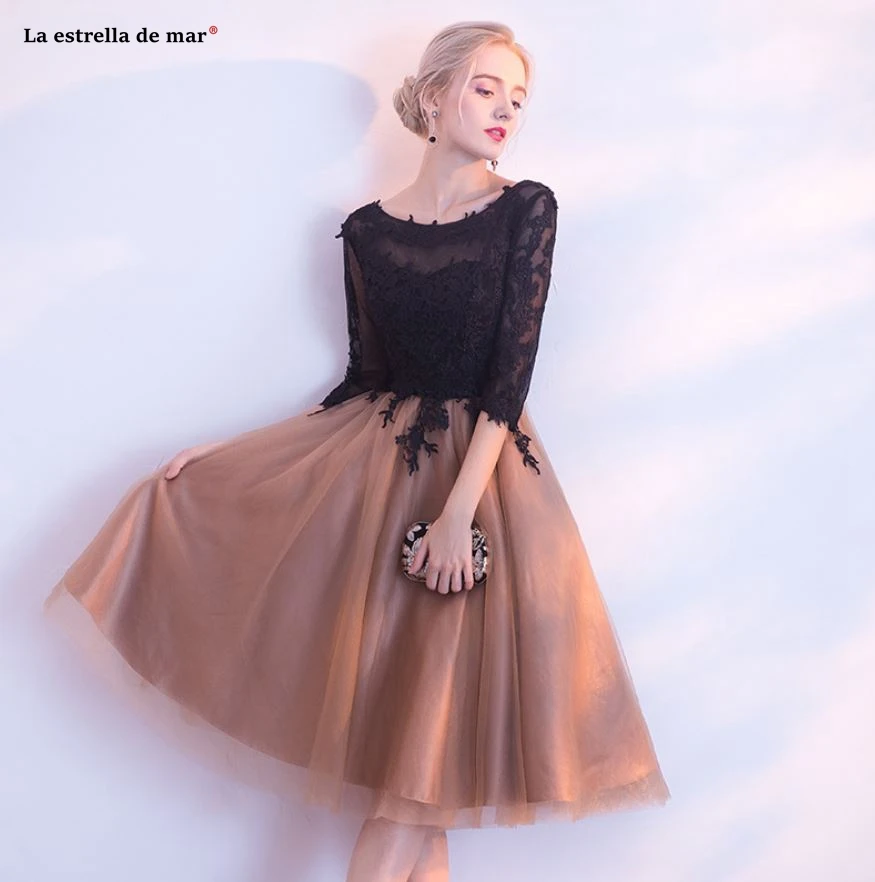 Black Gold Stitching Cocktail Dress Tea Length Prom Gown with Cocktail Scoop Collar Halter and Lace Half Sleeves image 5
