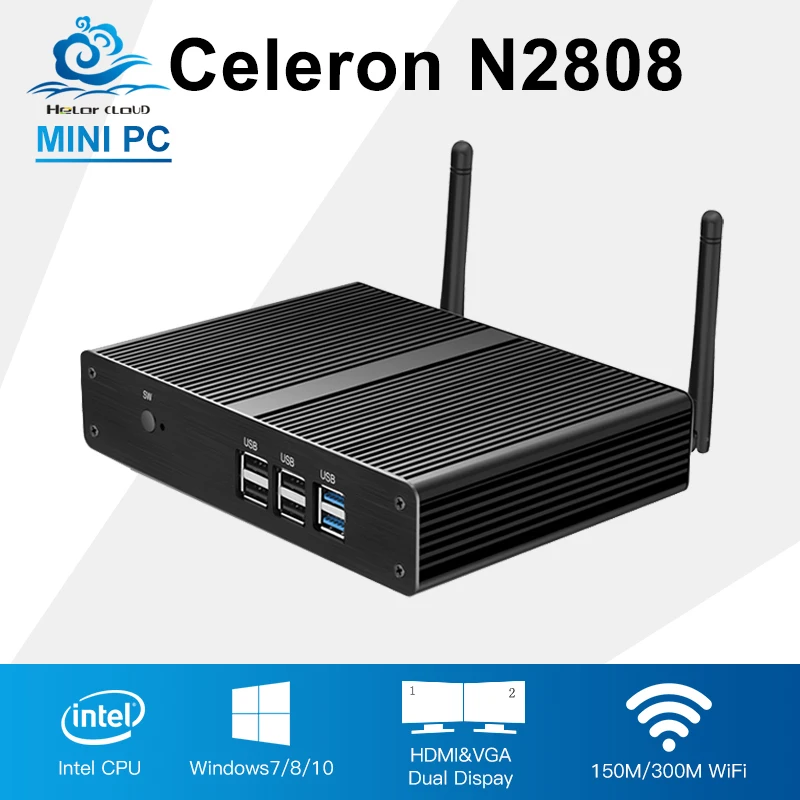Mini PC Computer Intel Celeron N2808 Dual Core 2 HDMI Mini Desktop Computer Fanless Wifi Windows7