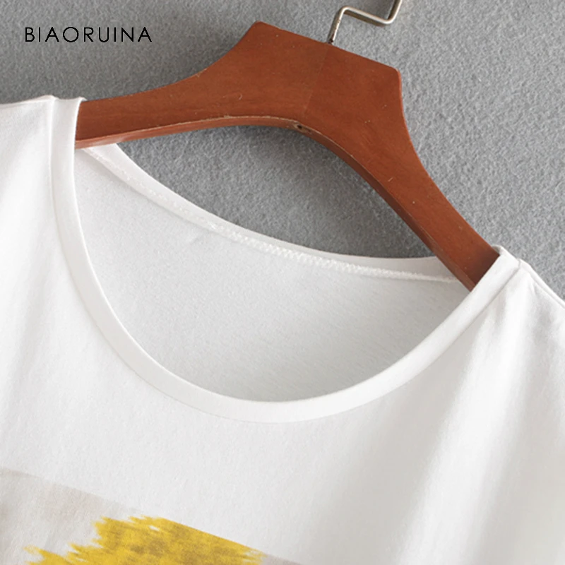 BIAORUINA النساء الطباعة عارضة القطن خليط قدس خارج تيشيرت بأكمام قصيرة س الرقبة الفتيات أزياء فضفاضة كل مباراة تيز قمم