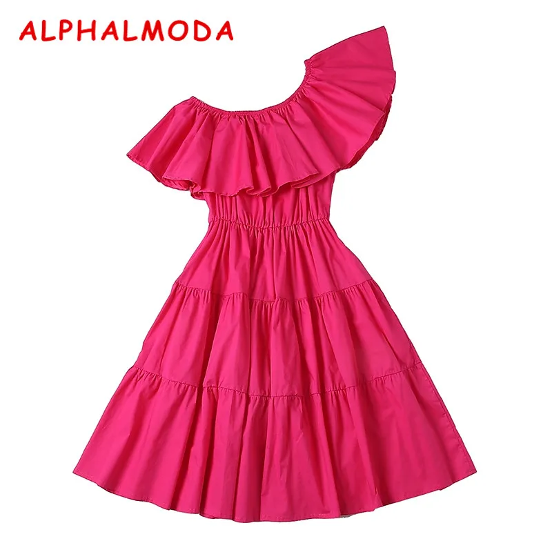 ALPHALMODA 2018 Лето Наклонный воротник гофрированное Платье женское с одним плечом