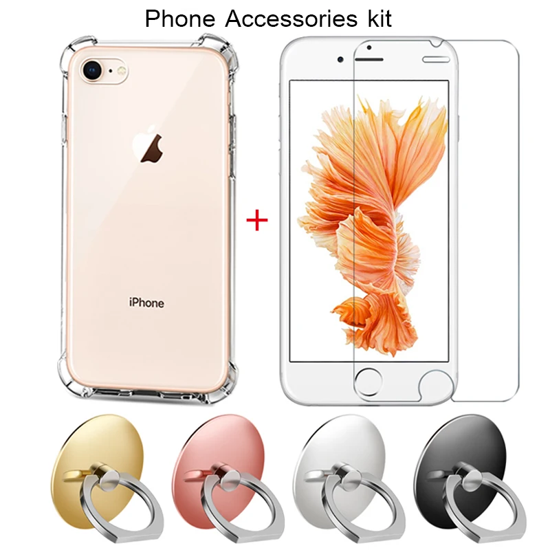 

Set Mobile Phone Screen Protector Glass for iPhone 7 6 8 6s Case iphone 6s 7 6 8 plus Finger Ring Phone Stand Mount Holder kit