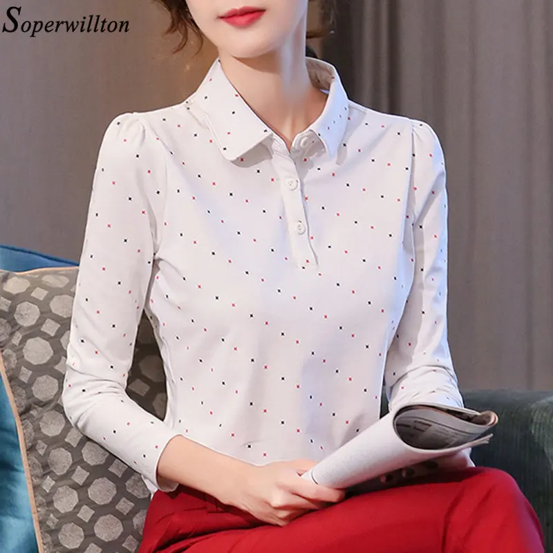 Хлопковая рубашка-поло для девочки Для женщин рубашка с длинными рукавами офисные Повседневная обувь леди Демисезонный в горошек Топ женский тонкий размера плюс G8 - Цвет: white