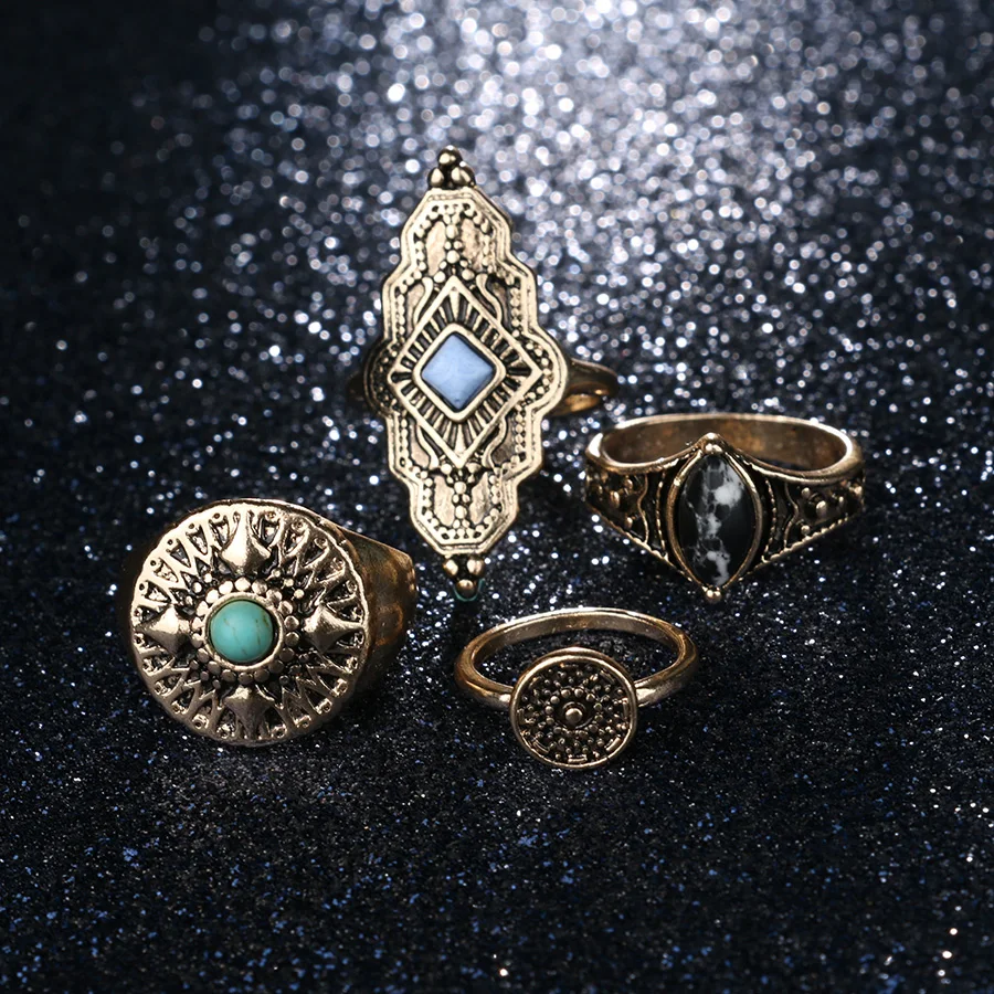 4Pcs/lot Fashion Gold Silver Midi Rings For Women Indian Knuckle Finger Viking Ring Set Vintage Tibetan Jewelry Boho Accessories