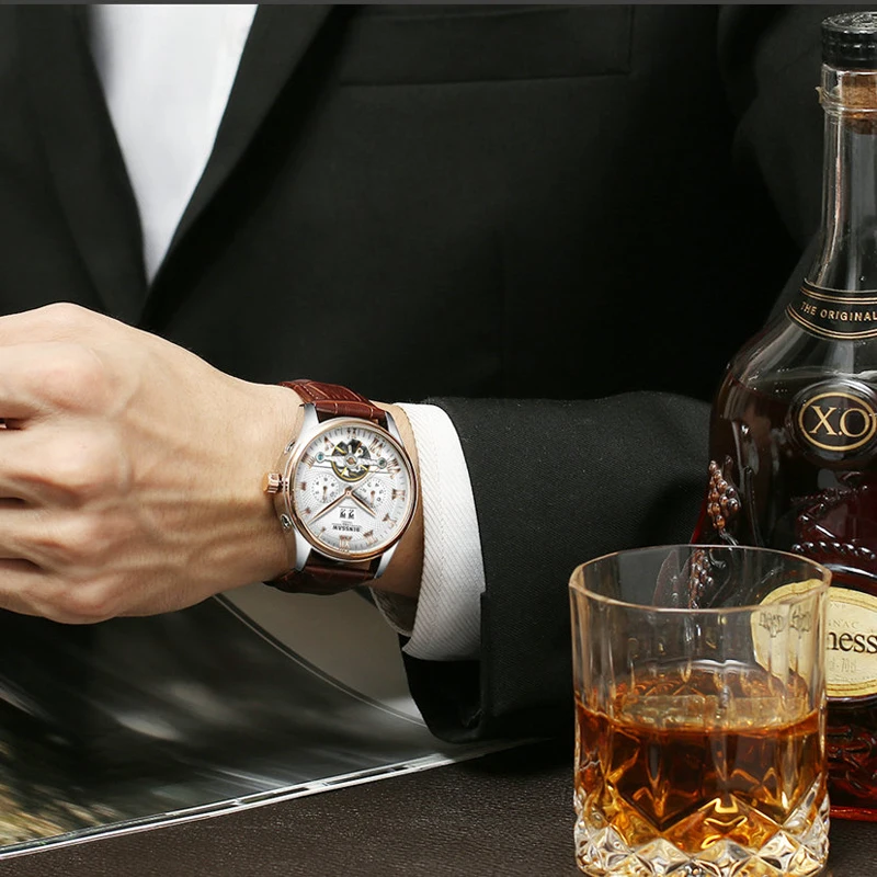 Reloj Mecánico Kinyued Real hombres automático bobinado Tourbillon Relojes de mano esqueleto hombre correa de cuero impermeable reloj de pulsera - 5