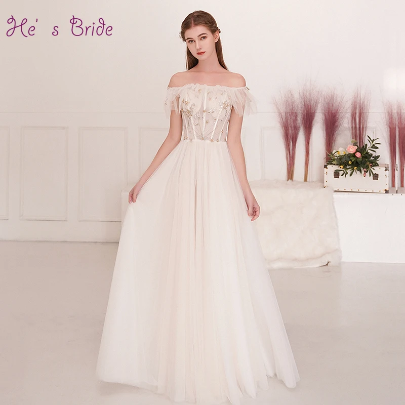 

He's Bride New Fairy White Prom Dress Boat Neck Appliques with Beading Lace Up Back Floor-length Prom Formal Gown Robe De Soiree