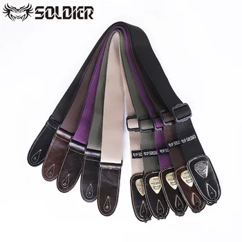 Soldier Acoustic Electric Bass Guitar Strap Black Leather Ends Belt Shoulder Personalized Metal LOGO Straps Guitar Accessories