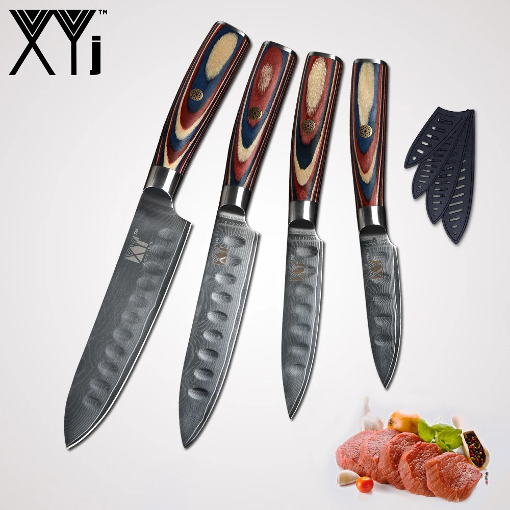 XYj Damascus Steel Knife Japanese VG10 Damascus Steel Kitchen Knives Color Wood Handle 3, 4, 5, 6 inch Damascus Cooking Knife
