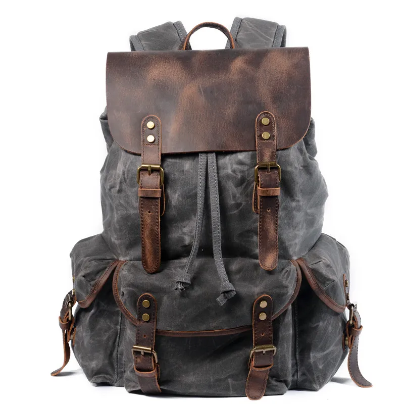 Обработанный маслянистым воском студенческий вместительный рюкзак Водонепроницаемый рюкзак для ноутбука холсты из чистого хлопка высококачественный кожаный рюкзак - Цвет: Серый