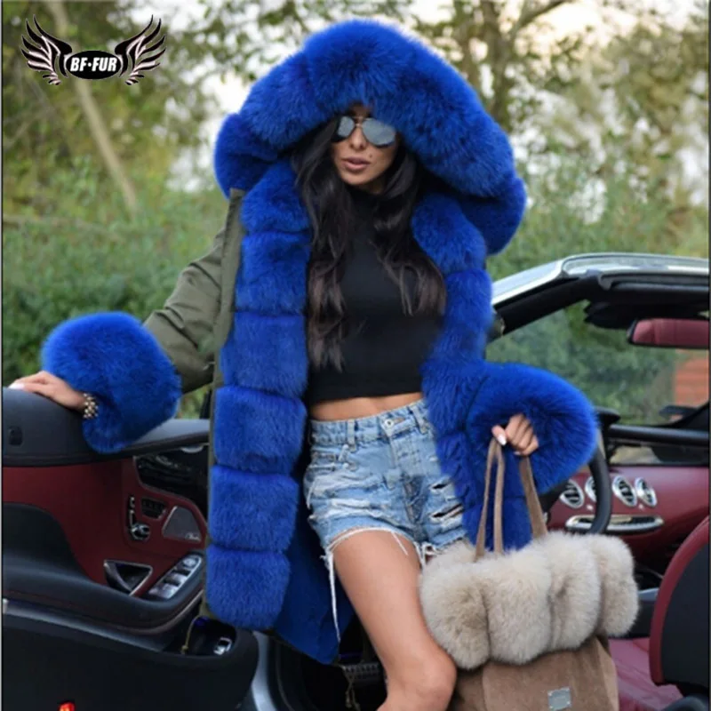 Bffur Veste Denim Manteau La Femmes Avec Real Haut Toute Peau Grade Épaisse Fox Chaud Bleu Naturelle Réel Col Parka Parc Fur De Fourrure aTqarwA