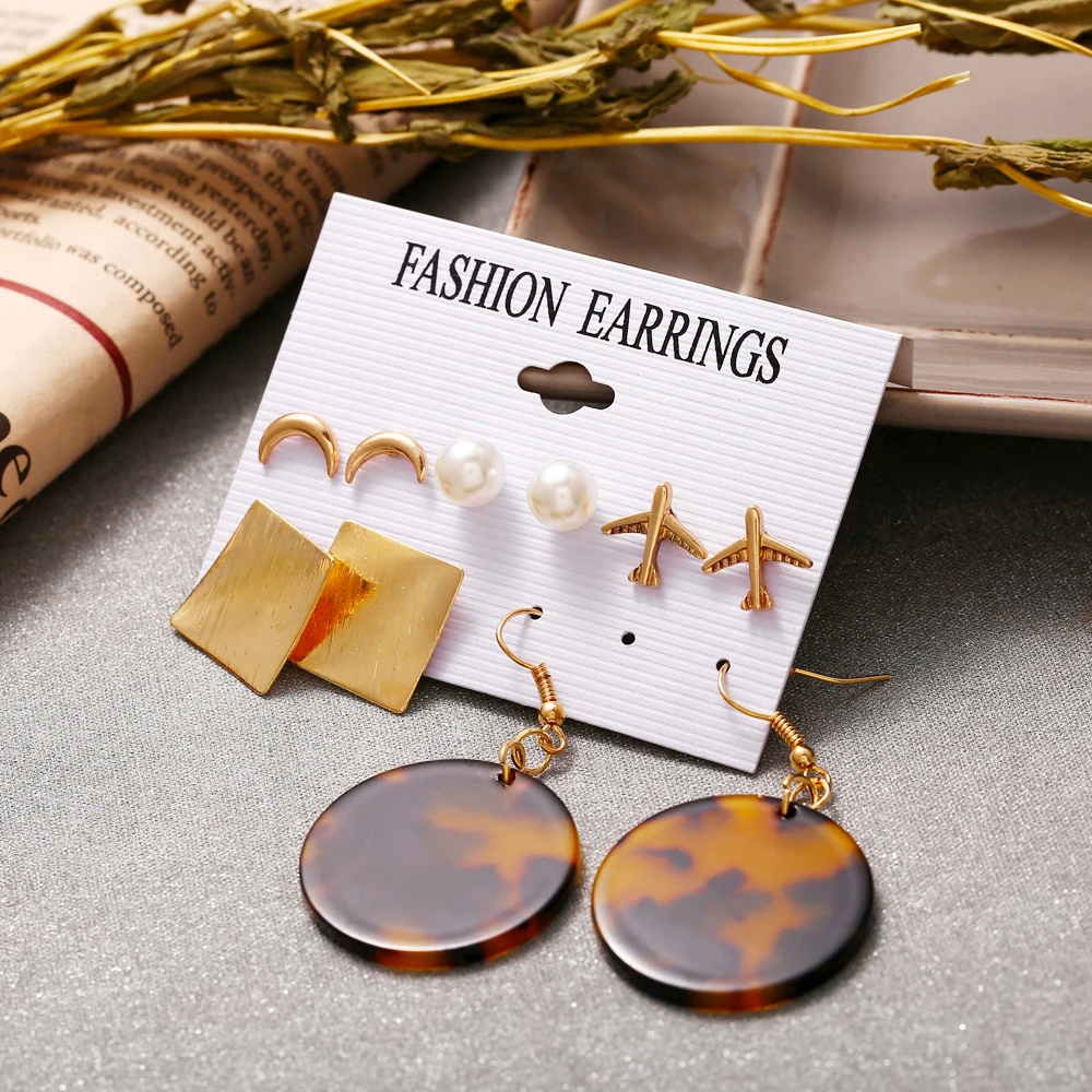 

5 Pairs/set Vintage Acrylic Leopard Print Metal Stud Earrings For Women Heart Geometric Irregular Party Brincos Pierce Jewelry