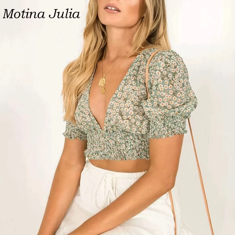 Женская блузка с цветочным принтом Motina Julia Пляжная треугольным вырезом лето 2019| |