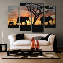 Pintura de la lona 4 Panel El elefante paseo en el atardecer de La Familia decoración HD imprimir dormitorio sala de estar Envío Libre