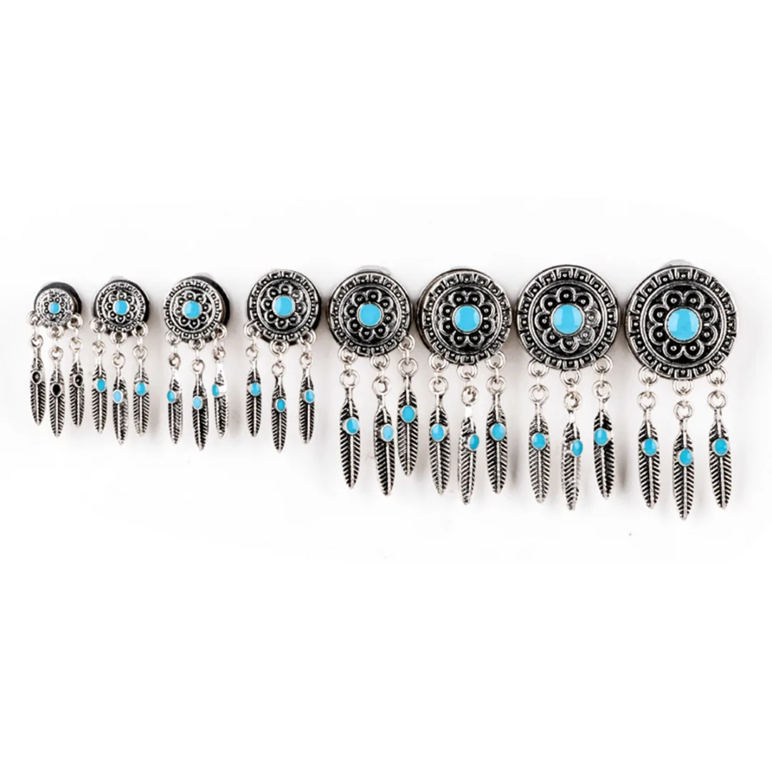 Boho Punk Tassel  Ear Flesh Tunnel Expander 1Pair Vintage Dreamcatcher Feathers Dangle Ear Plug Women Body Piercing Jewelry