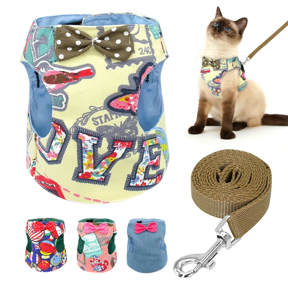 

Bowknot Dog Cat Harness and Leash 120cm Denim Padded Jean Harness Pet Print Vest For Small Dogs Cats Kitten Puppy Chihuahua