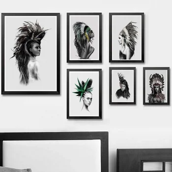 

Black White Female Portraits Wall Photo Art Cloth, Indian Hair Feather Girl Poster Canvas Painting Native Home Decor