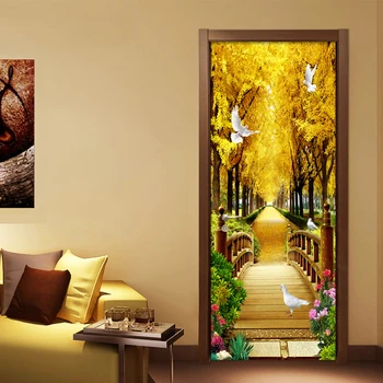 Photo Wallpaper 3D Golden Forest Nature Landscape Murals PVC Waterproof Living Room Door Sticker Modern Self-Adhesive Wall Paper door stickers landscape waterproof living room bedroom door wallpaper self adhesive art wall decals imitation 3d wall sticker