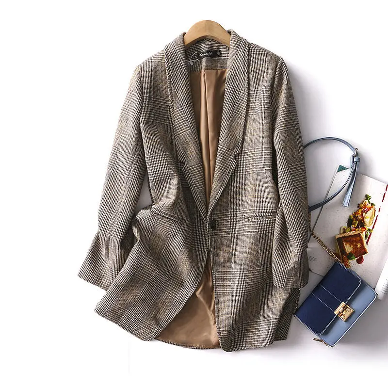 

2019 Fashion British Long Stripe Blazer Women Long Sleeve Korean Casual Plaid Blazer Femme Autumn Single Buckle Suit Jacket f255