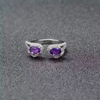 

Natural blue moonstone gem Ring Natural amethyst ring S925 silver trendy elegant glasses wing Adjustable women's girl Jewelry