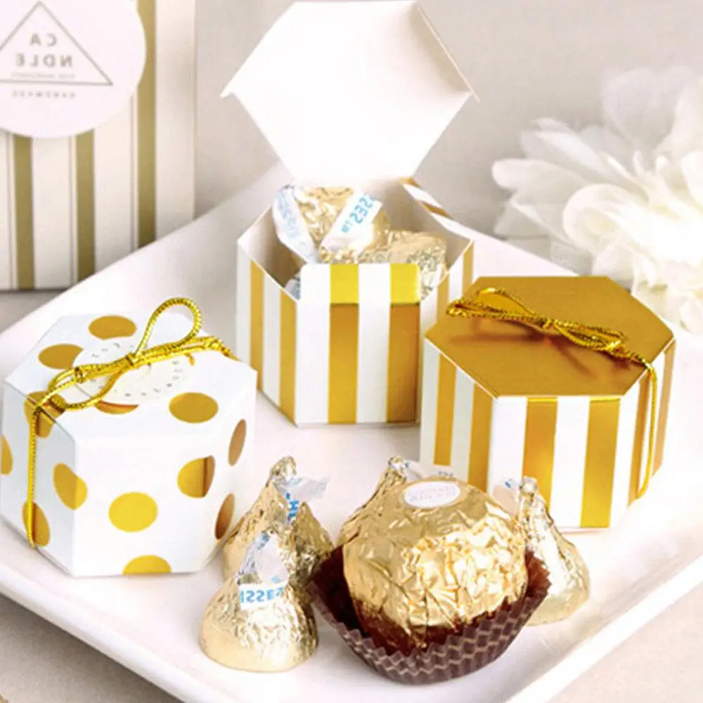 

Cute Portable Dessert Package Storage Chocolate Boxes Food Container Paper Dots/Stripes Gold White Christmas Covers Party