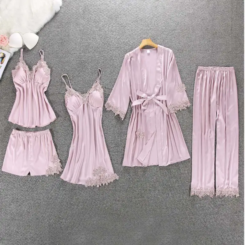 Женский комплект из 5 предметов, кружевная Пижама с вышивкой, шелковые шорты без бретелек, сексуальная Элегантная ночная рубашка для женщин, весна, Женская домашняя одежда - Цвет: Pink