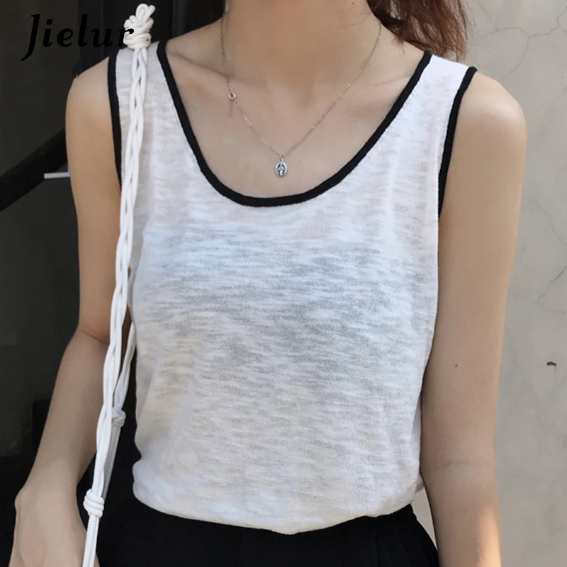 

Jielur Tank Top Women Summer Tops Mujer 2019 New Korean Femme Solid Color Casual Harajuku Chic Black White Basic Tops