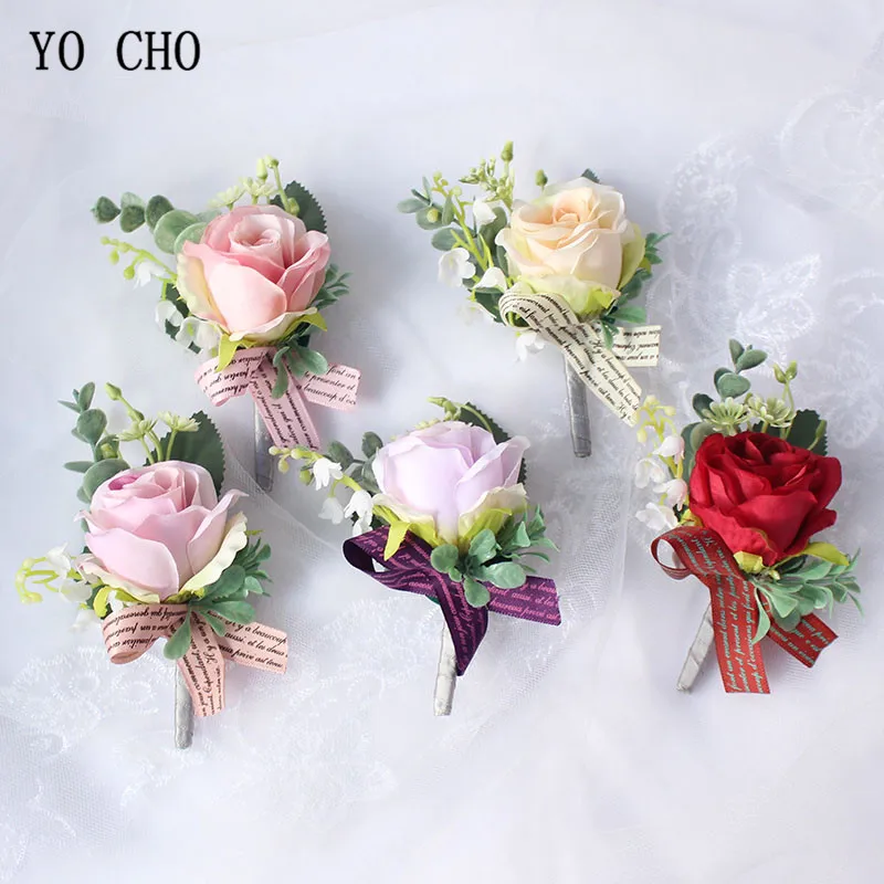 

YO CHO Wedding Decor Eucalyptus Leaf Brooch and Wrist Flowers Set Roses Alphabet Ribbon Groom Boutonnieres Brides Wrist Corsages