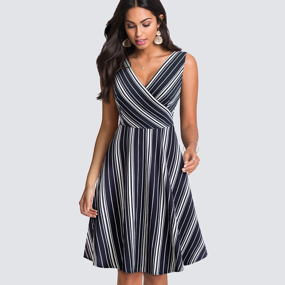 

Women Sexy Sleeveless Pleated Party Dress Summer Vintage Striped Wiggle A-line Dress HA097